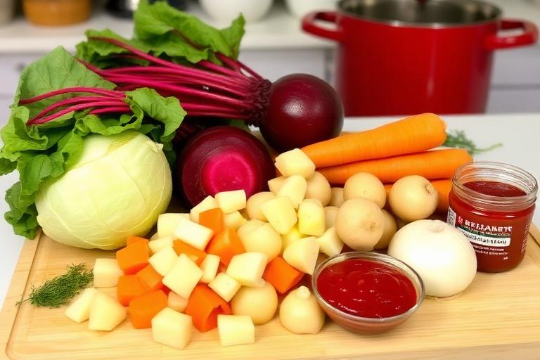 Ингредиенты для борща: свёкла, капуста, морковь, картофель