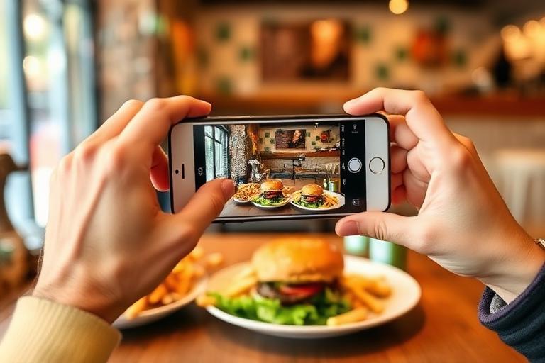 Фотографирование еды в кафе на смартфон