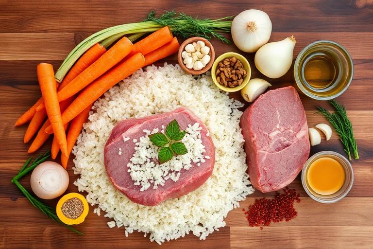 Ингредиенты для плова: рис, мясо, морковь, лук