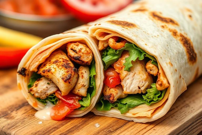Шаурма в разрезе с курицей и овощами