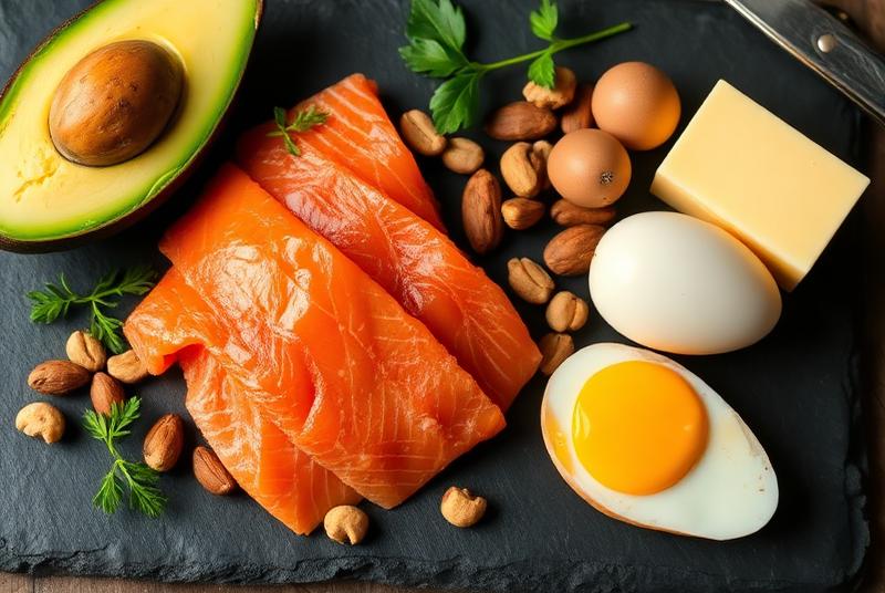 Продукты кето-диеты: лосось, авокадо, яйца, орехи